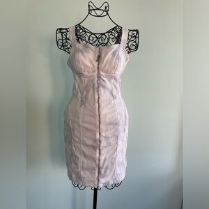 Guess corset style mini dress with zipper in light blue and white denim